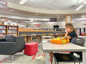 Senior Tema Wagner multitasks with her heavy workload of senior year and college applications in the NCHS library.